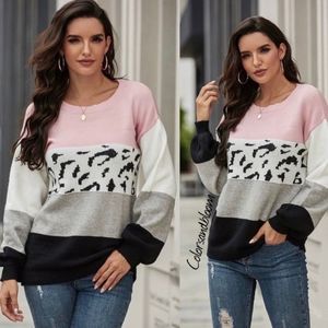 Leopard Print Striped Crew neck Sweater